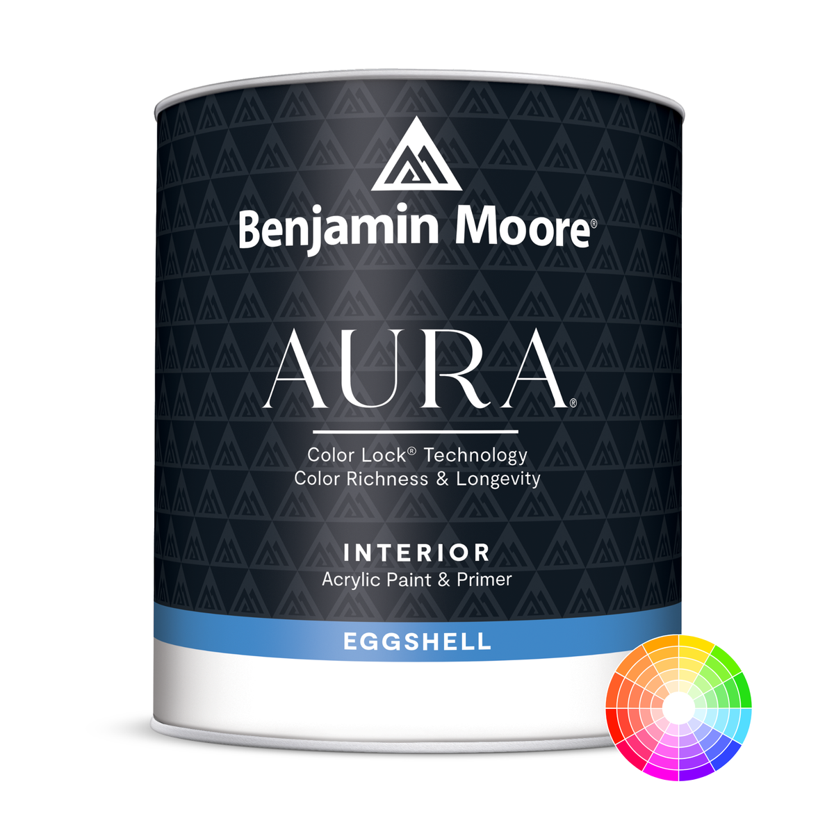 A quart can of Benjamin Moore Aura interior eggshell paint with color lock technology, indicating it is an acrylic paint and primer.