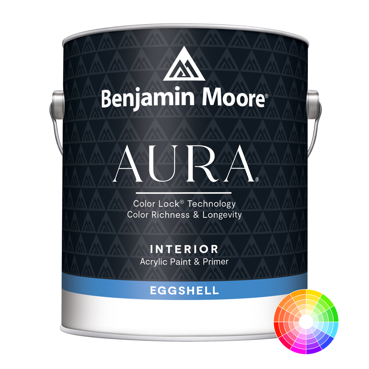 A gallon can of Benjamin Moore Aura interior eggshell paint with color lock technology, indicating it is an acrylic paint and primer.