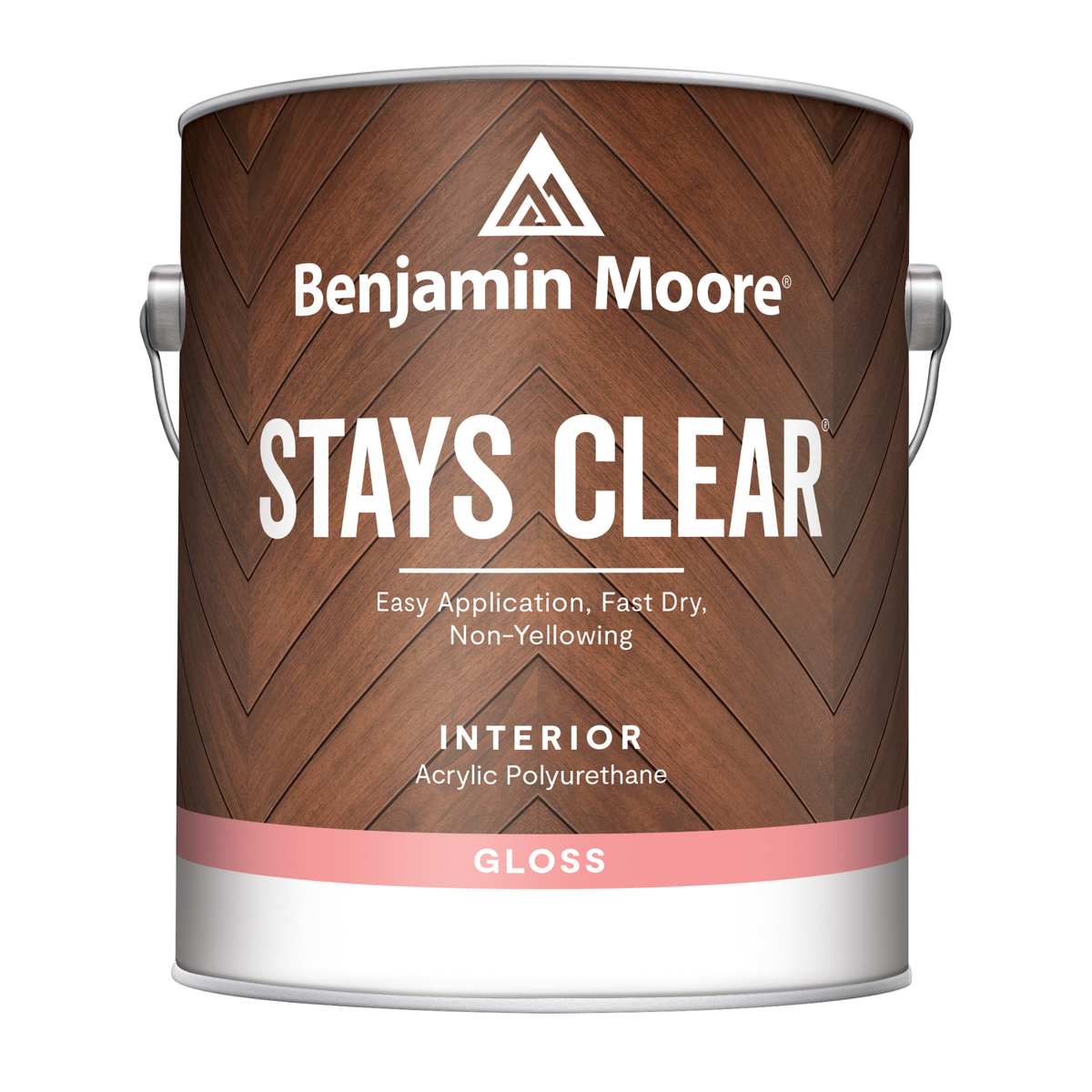 A gallon can of Benjamin Moore Stays Clear Interior Varnish in gloss sheen level, designed for use on interior wood surfaces.