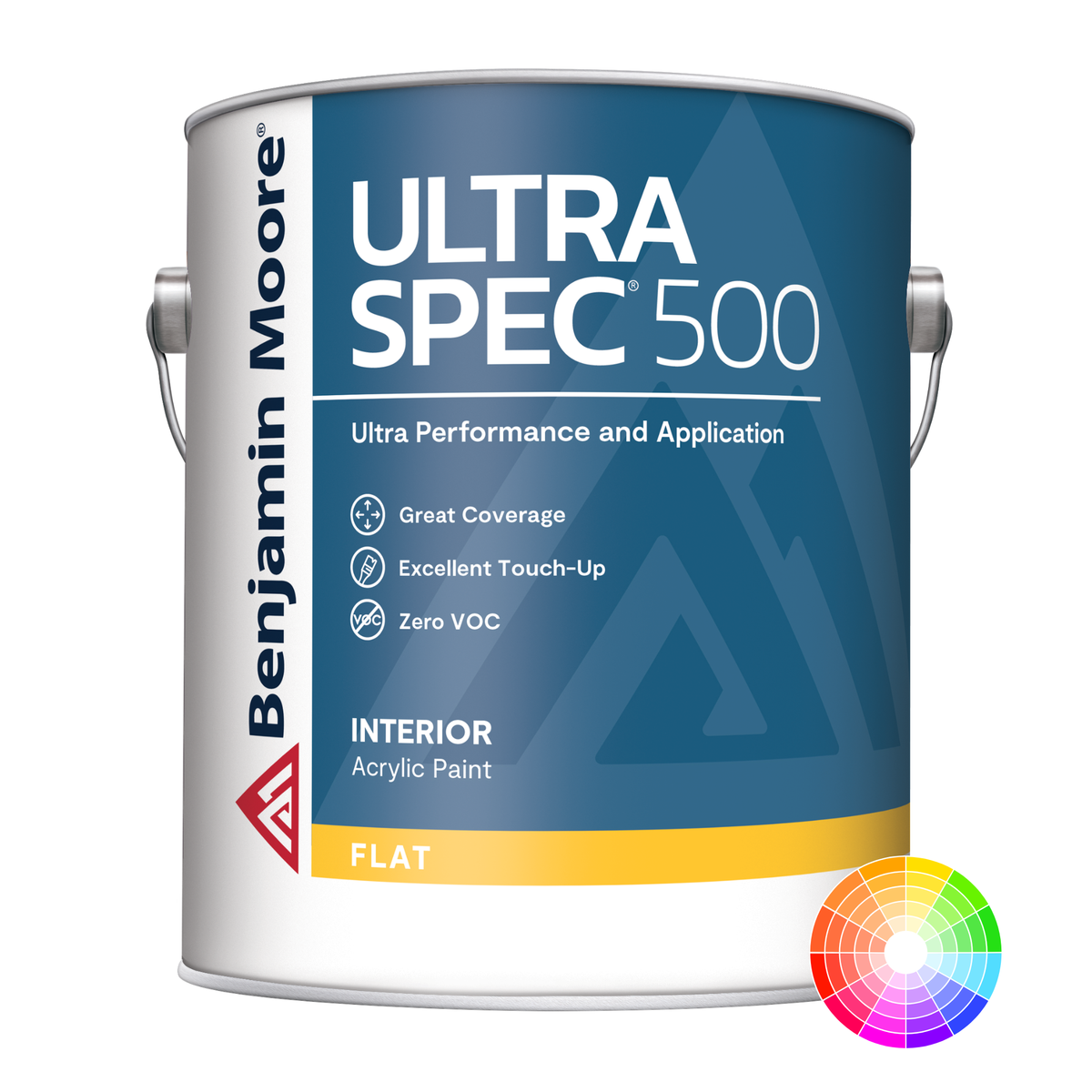 A gallon can of Benjamin Moore Ultra Spec 500 interior flat paint with a color swatch and product information displayed on the label.