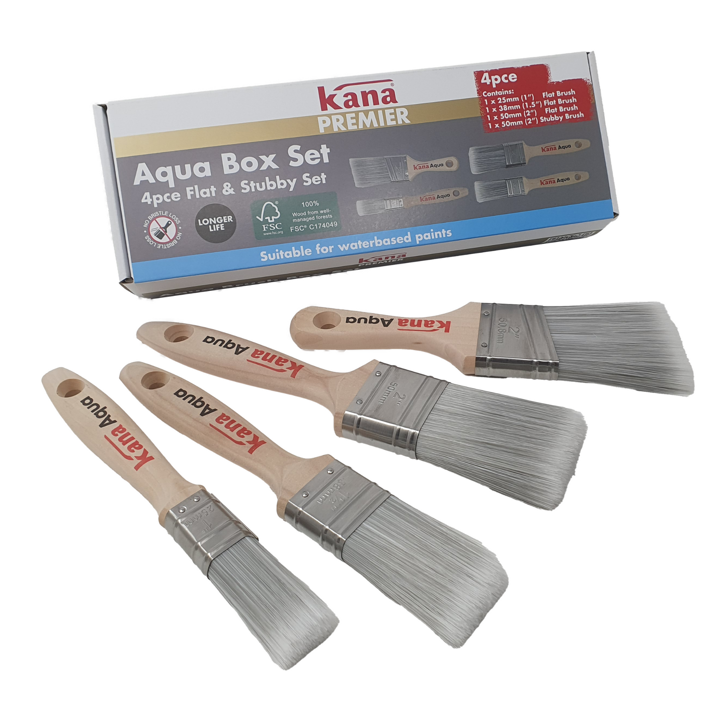 Kana Aqua Flat Brush Set + 2" Stubby - 4 Pack
