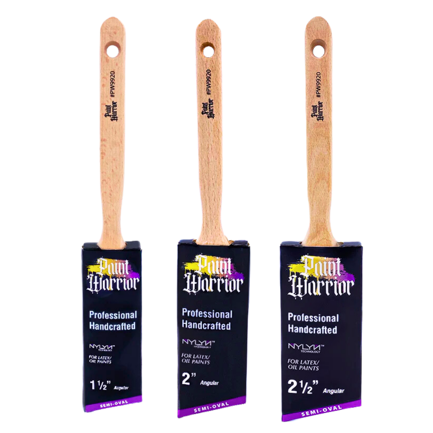 Paint Warrior Oval Angled Long Handle Paint Brushes Box Set 3 Pack
