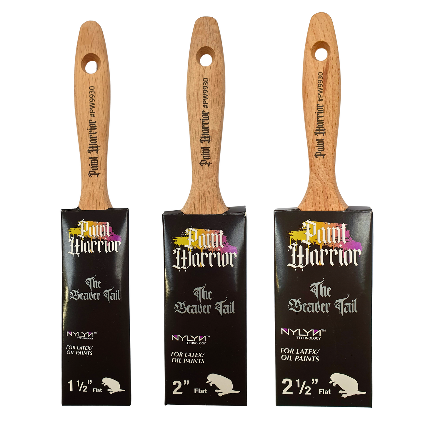Paint Warrior Flat Beavertail Paint Brushes Box Set 3 Pack