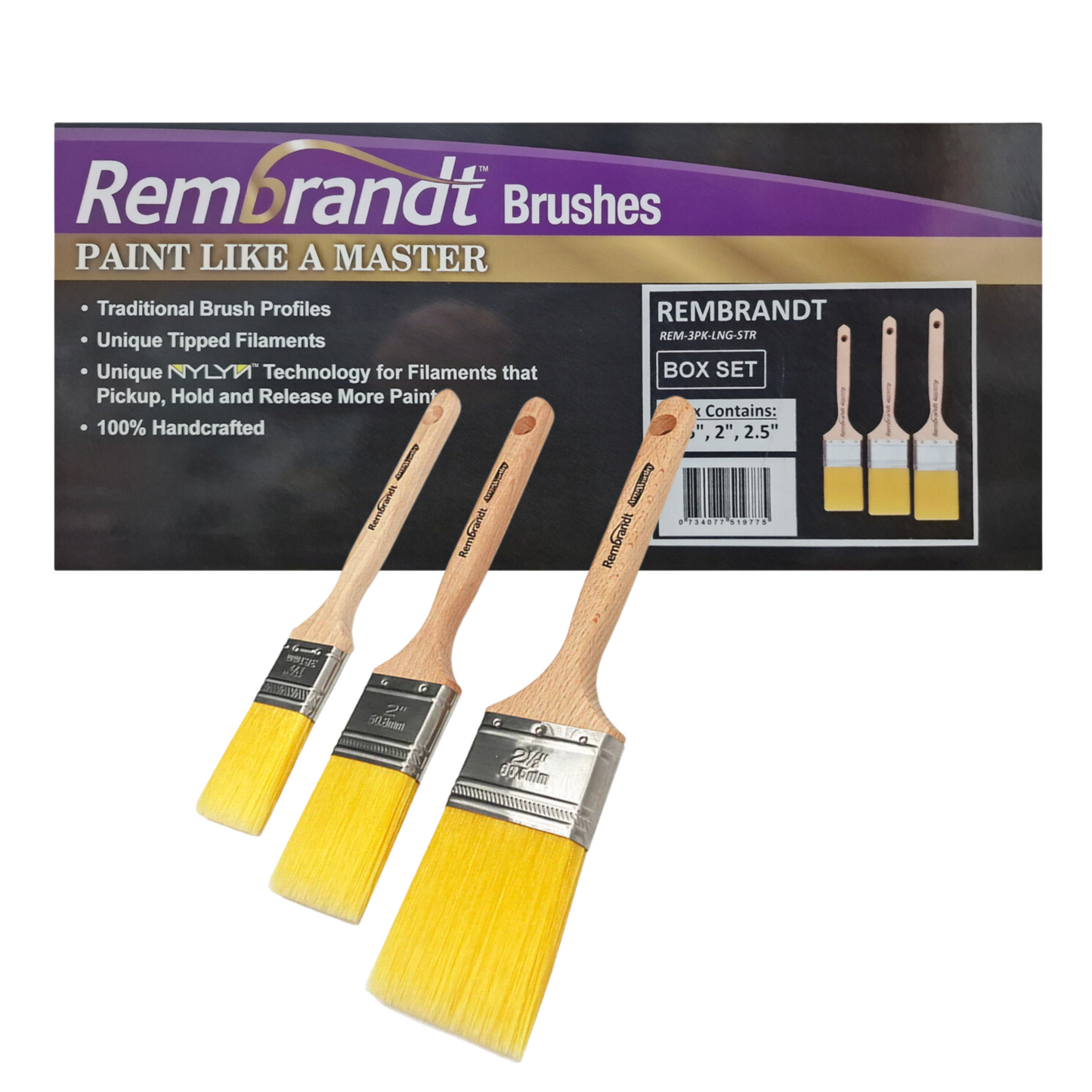 ARROWORTHY REMBRANDT LONG HANDLE STRAIGHT BRUSHES BOX SET 3 PACK