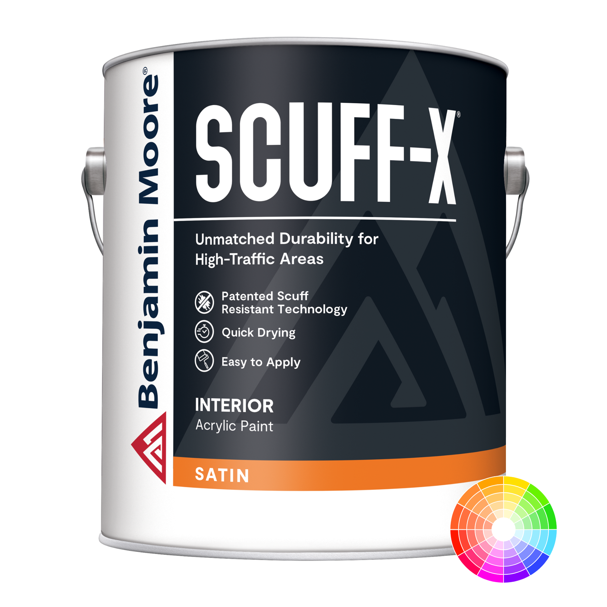 A 3.79 litre can of Benjamin Moore SCUFF-X Satin interior paint with the brand and product name displayed prominently on the label 