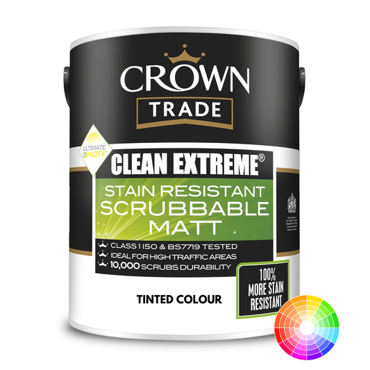 CROWN TRADE CLEAN EXTREME STAIN RESISTANT SCRUBBABLE MATT TINTED COLOUR