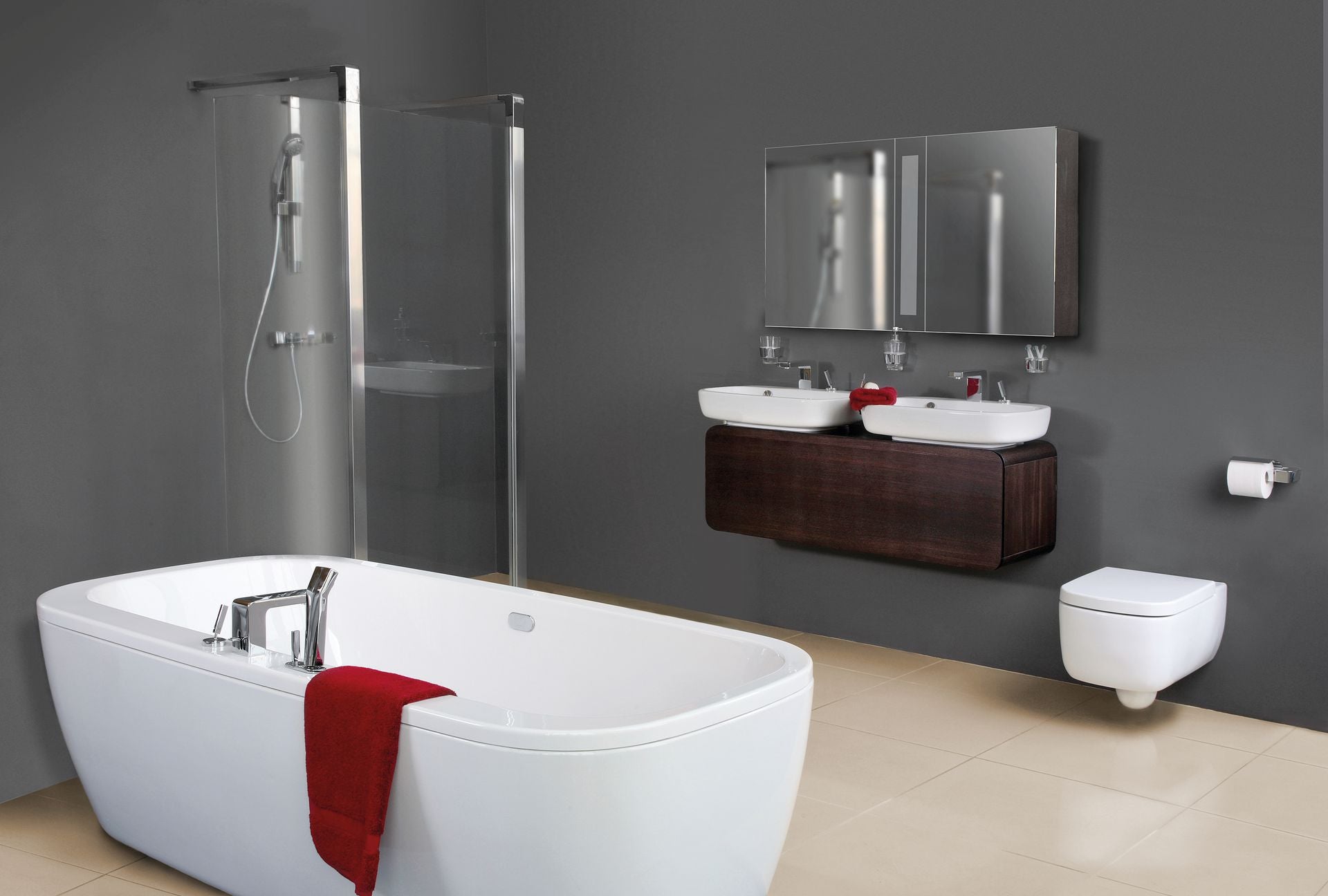 A bathroom wall painted grey with Teknos Timantti Clean bathroom and kitchen paint