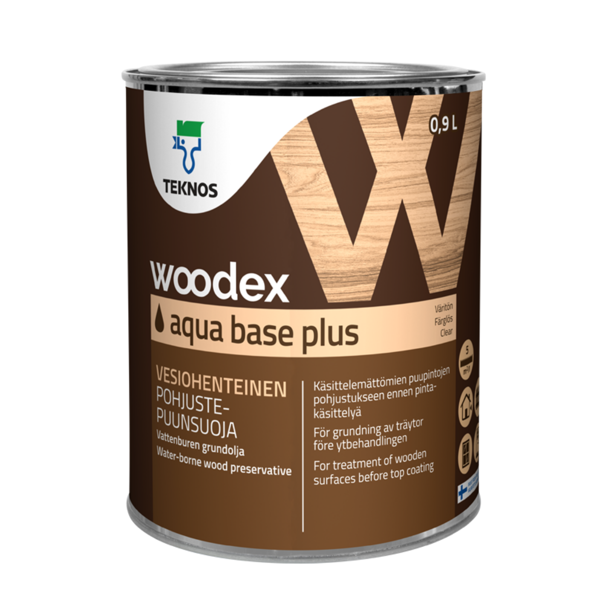 A 0.9L can of Teknos woodex aqua base plus clear wood preserver