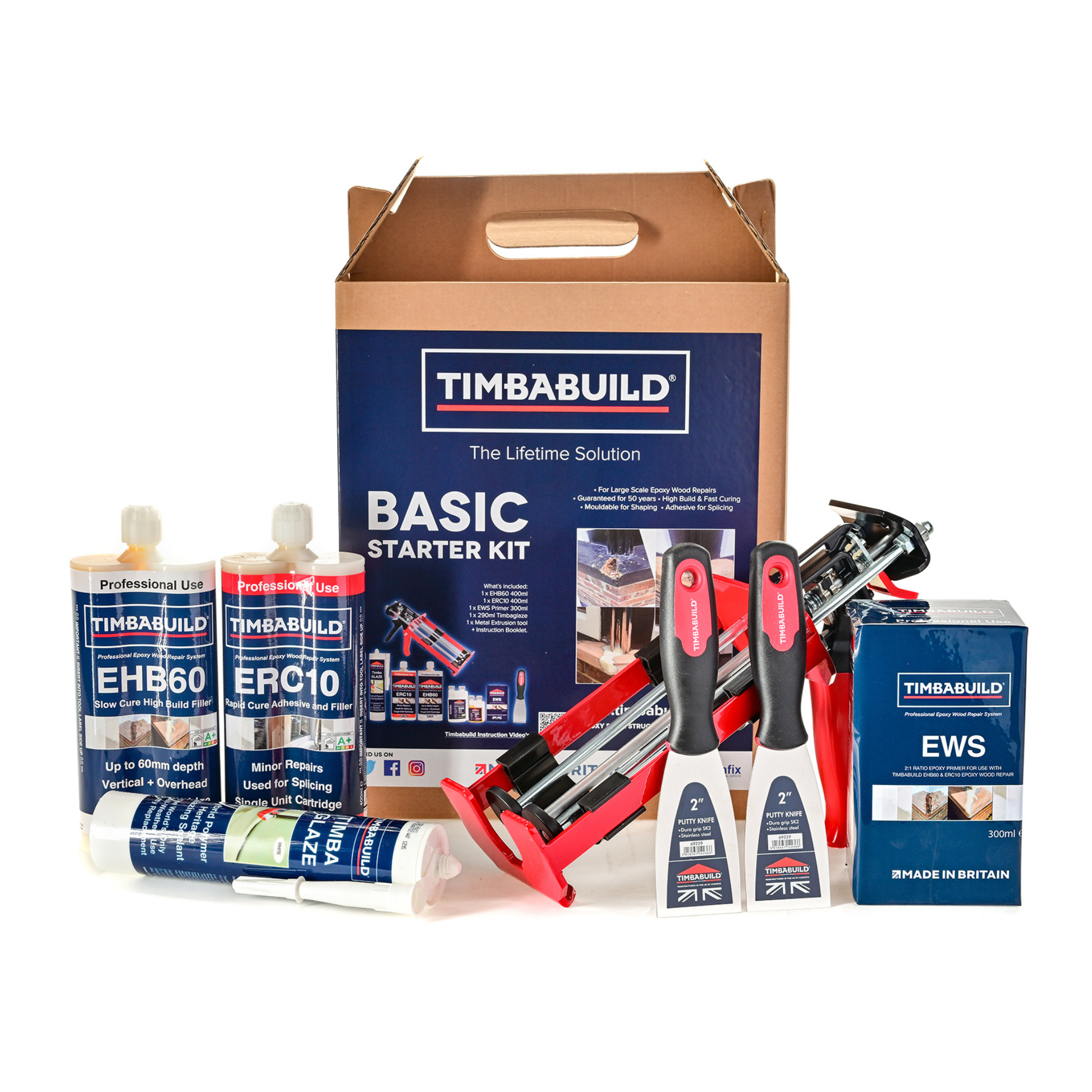 Timbabuild Basic Starter Kit with various tools and materials on a white background