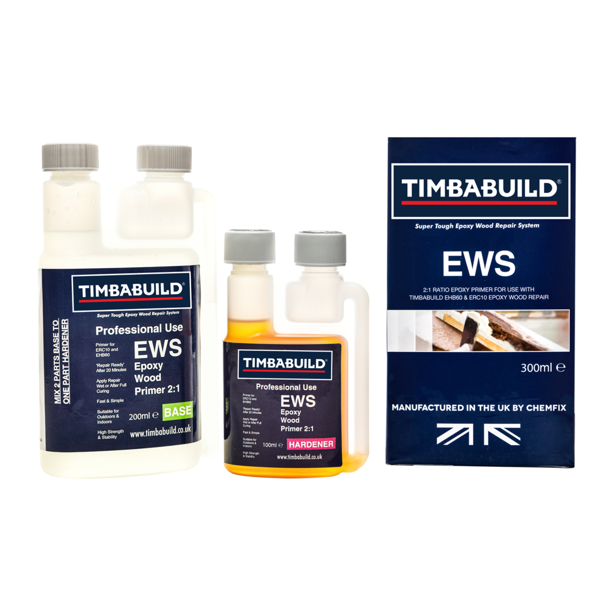 Timbabuild EWS epoxy wood repair system with bottles and packaging on a white background