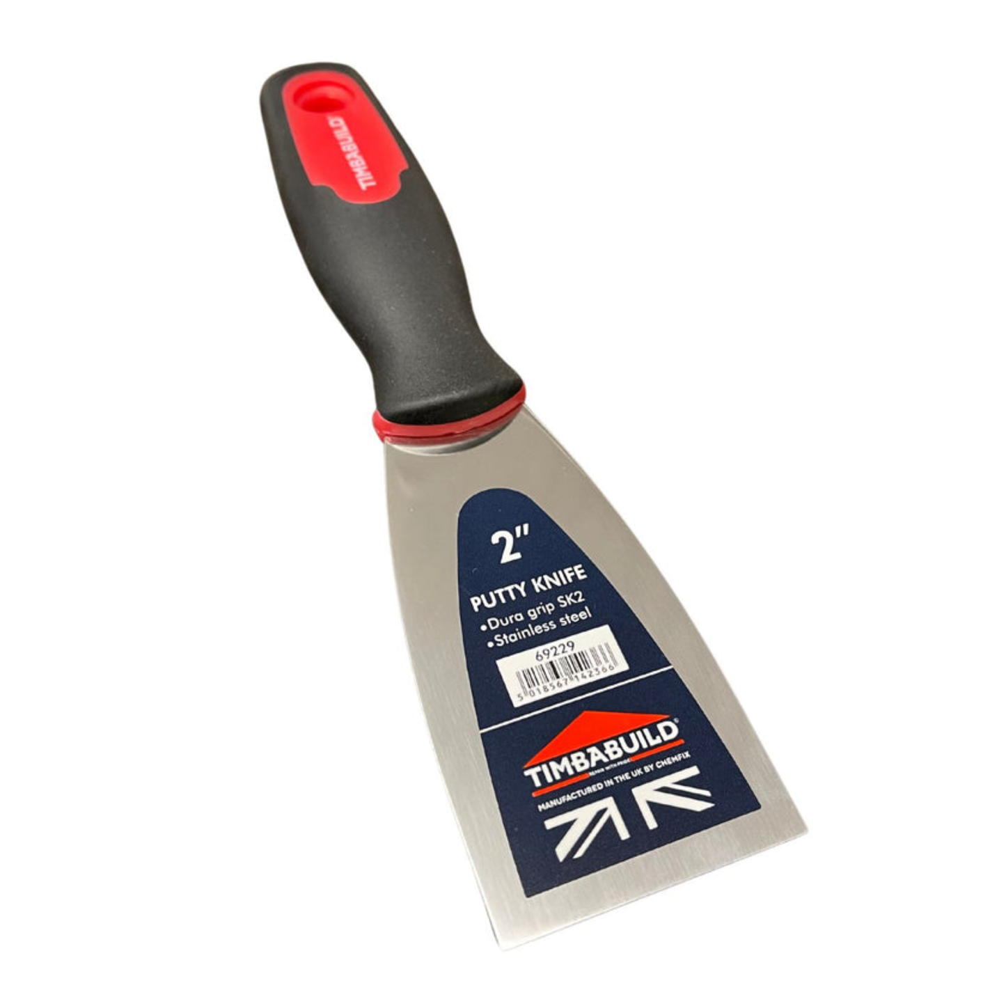 Putty knife with black handle and metal blade on a white background, featuring the Timbbuild brand.