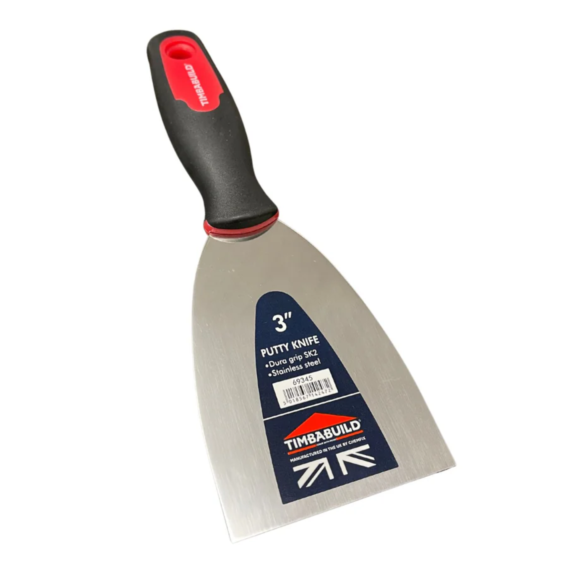 Timbabuild Putty knife with black and red handle on a white background, featuring the Timbabuild brand.