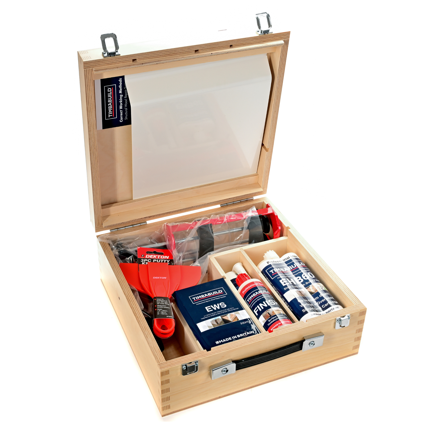 Timbabuild Wooden kit with various tools and materials on a white background