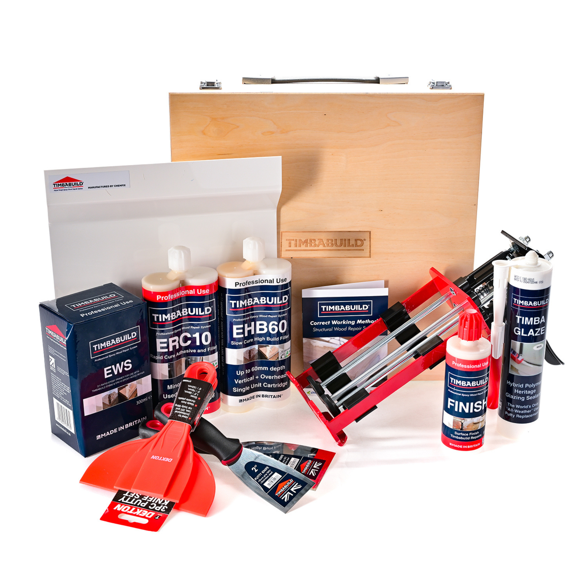 Timbabuild woodworking product set with various tools and materials on a white background
